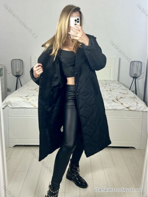 Kabát zimní s beránkem dlouhý rukáv dámský (S/M/L ONE SIZE) ITALSKÁ MÓDA IMD23010/DU M / L čierna