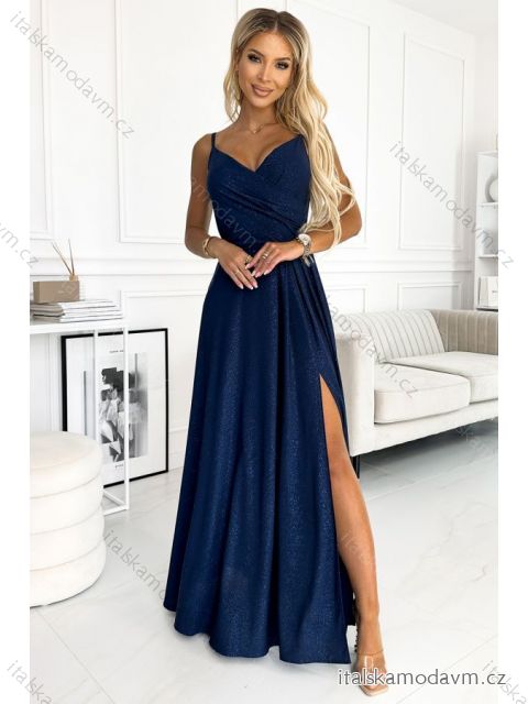 CHIARA elegantné maxi šaty na ramienka - tmavomodré s trblietkami NMC-299-10/DU tmavo modrá M