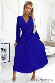 504-1 VIVIANA Skladané midi šaty s výstrihom, dlhými rukávmi a širokým opaskom - modrá