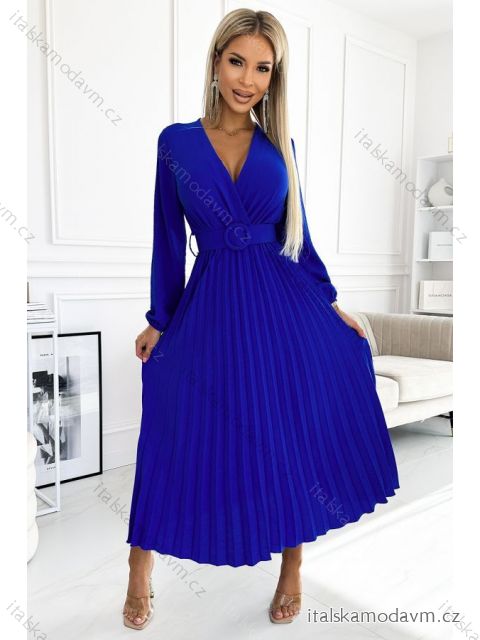 504-1 VIVIANA Skladané midi šaty s výstrihom, dlhými rukávmi a širokým opaskom - modrá