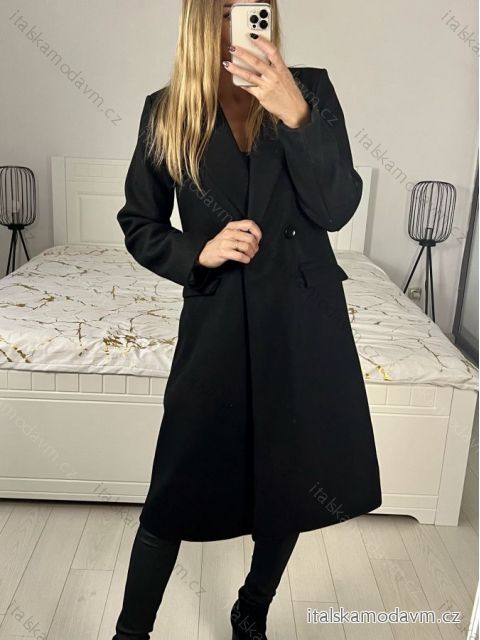 Kabát flaušový dlhý dámsky (S-XL) TALIANSKA MÓDA IMD22901-4/DU čierna M