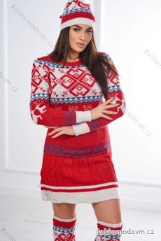 Vianočný set 1002 sveter + čiapka + červené podkolienky