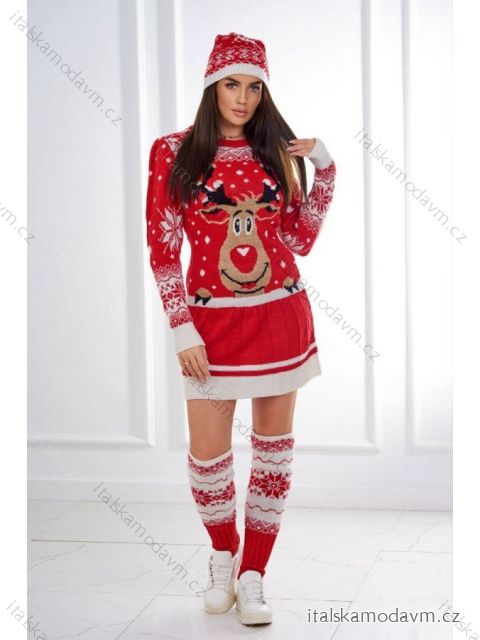 Vianočný set 1006 sveter + čiapka + červené podkolienky