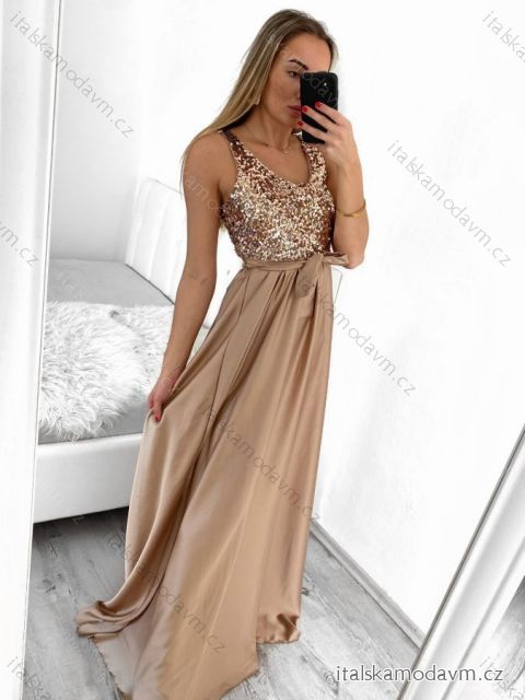 Šaty dlhé plesové elegantné na ramienka dámske (S/M ONE SIZE) TALIANSKA MÓDA IMPBB22O5728/DR hnedá