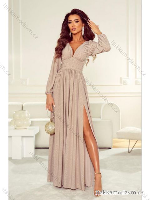 Šaty dlhé spoločenské trblietavé s flitrami dlhý rukáv dámske nadrozmer (34-46) POLSKÁ MÓDA PMLWD23RAMONA béžová 38
