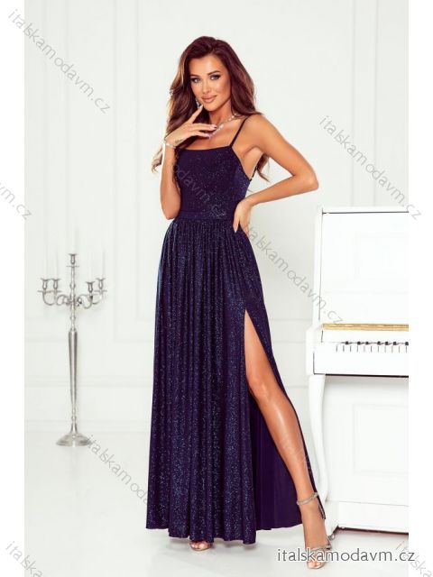 Šaty dlouhé společenské třpytivé s flitry na ramínka dámské (34-38) POLSKÁ MÓDA PMLWD23AMELI8 tmavě modrá 34