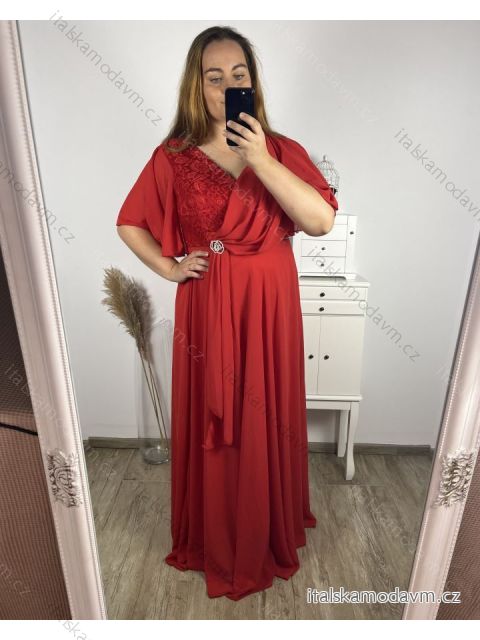 Šaty dlhé elegantné spoločenské krátký rukáv dámske nadrozměr (2XL/3XL  ONE SIZE) TALIANSKA MóDA IM423ISABELA/DU 2XL/3XL červená