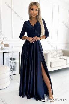 Šaty čipkované dlhé saténové šaty s výstrihom Amber  - tmavomodré NMC-309-7/DU
