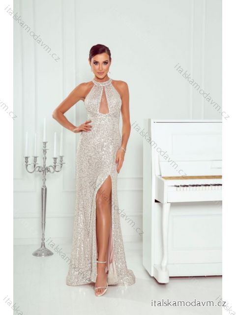 Šaty dlhé spoločenské trblietavé s flitrami bez rukávov dámske (34-40) POLSKÁ MÓDA PMLWD23INEZ2 strieborná 36