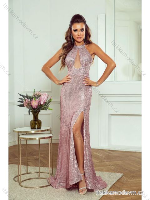 Šaty dlouhé společenské třpytivé s flitry bez rukávu dámské (34-40) POLSKÁ MÓDA PMLWD23INEZ5 růžová 36
