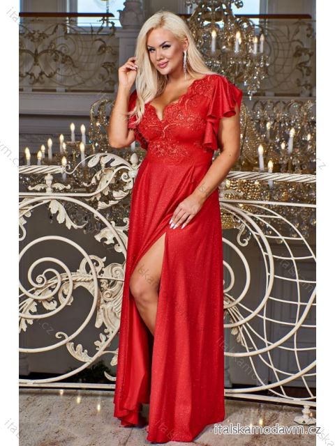 Šaty dlhé elegantné spoločenské trblietavé s flitrami krátky rukáv dámske nadrozmer (44-54) POLSKÁ MÓDA PMLBF23LAURA12 červená 52