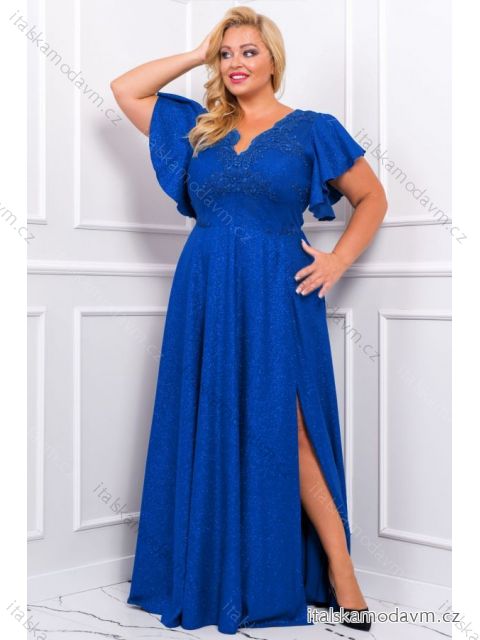 Šaty dlouhé elegantní společenské třpytivé s flitry krátký rukáv dámské nadrozměr (44-54) POLSKÁ MÓDA PMLBF23LAURA15 královská modrá 52