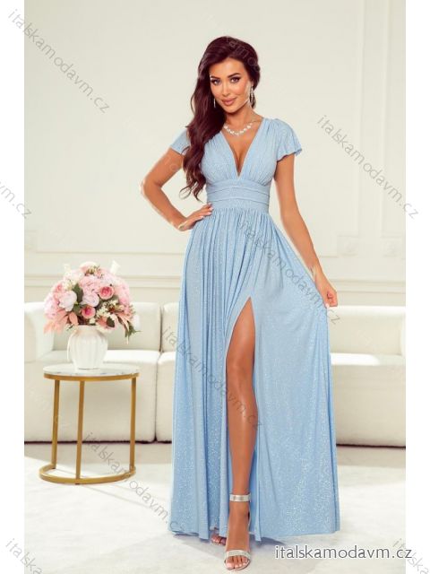 Šaty dlouhé společenské třpytivé s flitry krátký rukáv dámské nadrozměr (34-48) POLSKÁ MÓDA PMLWD23GABRIELA4 světle modrá 36