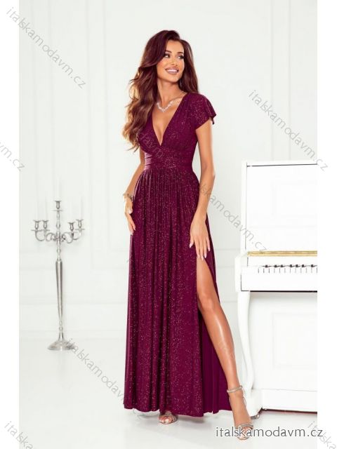 Šaty dlouhé společenské třpytivé s flitry krátký rukáv dámské nadrozměr (34-48) POLSKÁ MÓDA PMLWD23GABRIELA8 vínová 36