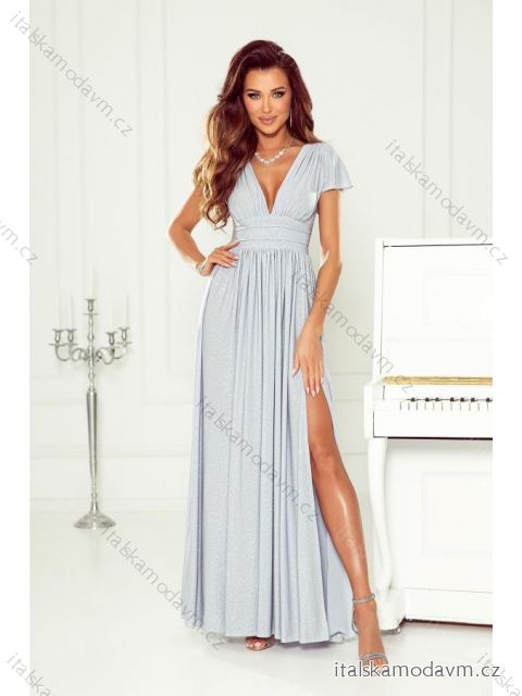 Šaty dlouhé společenské třpytivé s flitry krátký rukáv dámské nadrozměr (34-48) POLSKÁ MÓDA PMLWD23GABRIELA9 stříbrná 40