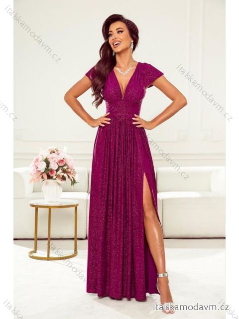 Šaty dlhé spoločenské trblietavé s flitrami krátky rukáv dámske nadrozmer (34-48) POLSKÁ MÓDA PMLWD23GABRIELA15 vínová 36