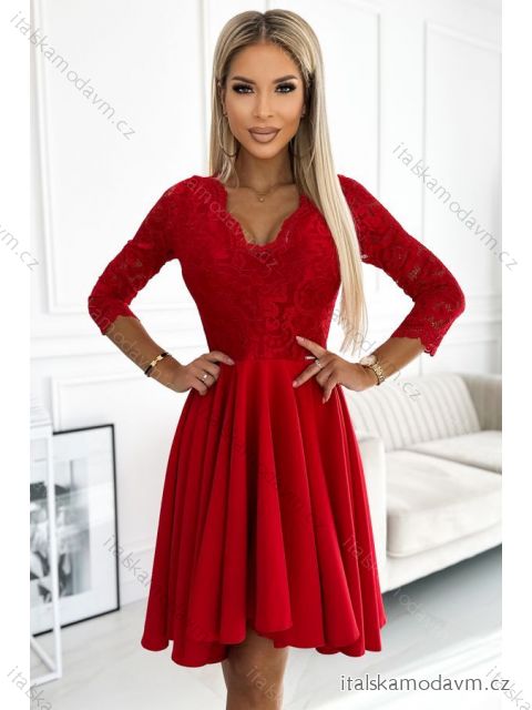 210-16 NICOLLE - šaty s čipkovaným výstrihom a dlhším chrbtom - červené