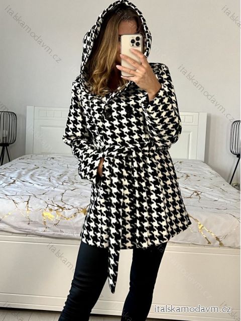Kabát flaušový na knoflíčky s kapucí dámský (S/M/L ONE SIZE) ITALSKÁ MÓDA IM423600/DU M / L Čierno-biela