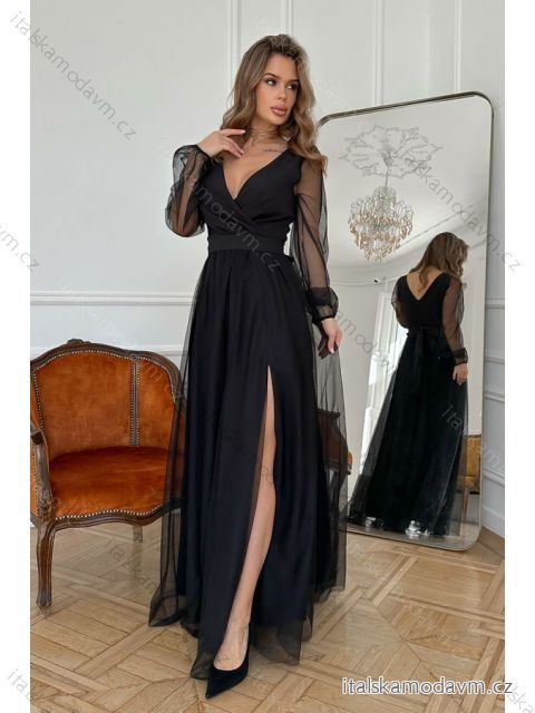 Šaty dlouhé elegantní společenské dlouhý rukáv dámské nadrozměr (34-44) POLSKÁ MÓDA PMLBC23302-062 čierna 36