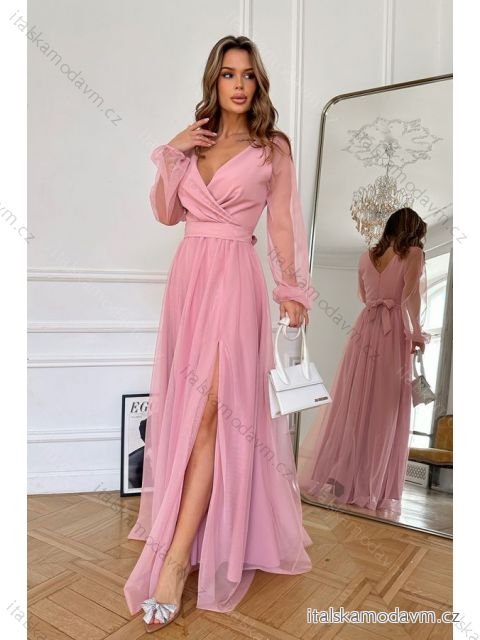 Šaty dlhé elegantné spoločenské dlhý rukáv dámske nadrozmer (34-44) POLSKÁ MÓDA PMLBC23302-20 ružová 44