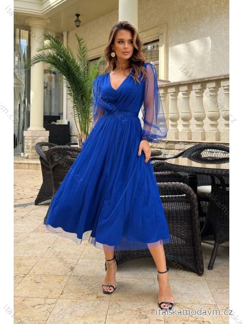 Šaty elegantní společenské dlouhý rukáv dámské (34-44) POLSKÁ MÓDA PMLBC23269-05 královská modrá 42