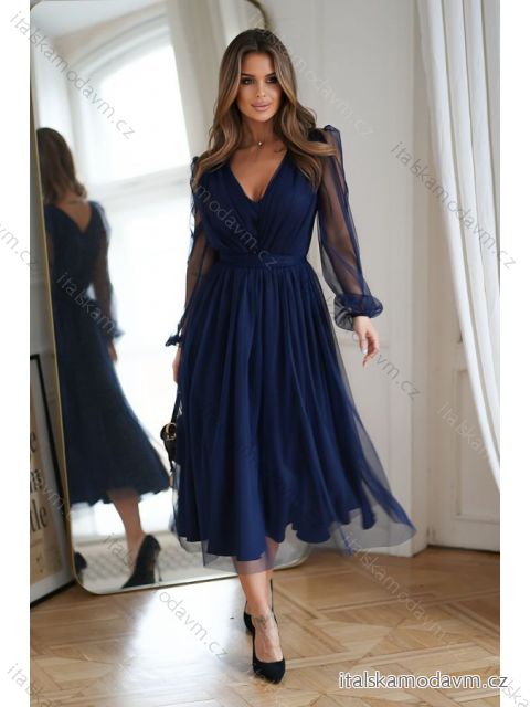 Šaty elegantné spoločenské dlhý rukáv dámske (34-44) POLSKÁ MÓDA PMLBC23269-01 tmavo modrá 34