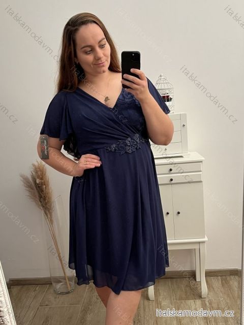 Šaty spoločenské elegantné šifónové krátky rukáv dámske nadrozmer (XL/2XL ONE SIZE) TALIANSKA MÓDA IMM22ZO9013/DUR XL/2XL tmavo modrá