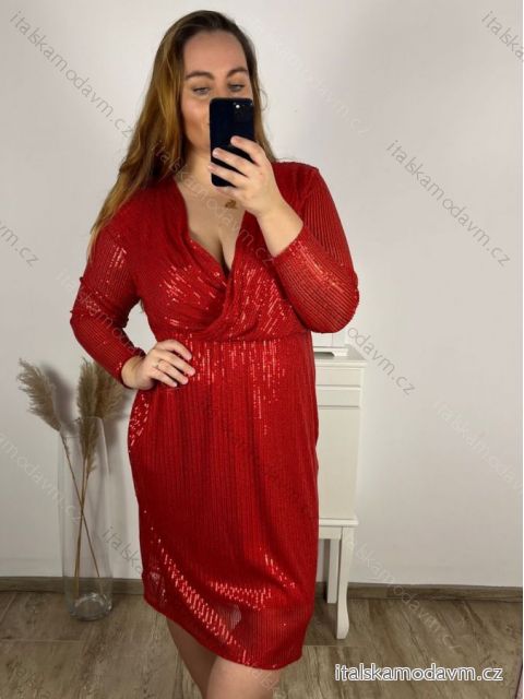 Šaty spoločenské flitrové dlhý rukáv dámske nadrozmer (3XL/4XL ONE SIZE) TALIANSKA MÓDA IMWQ23150/DUR červená 3XL / 4XL