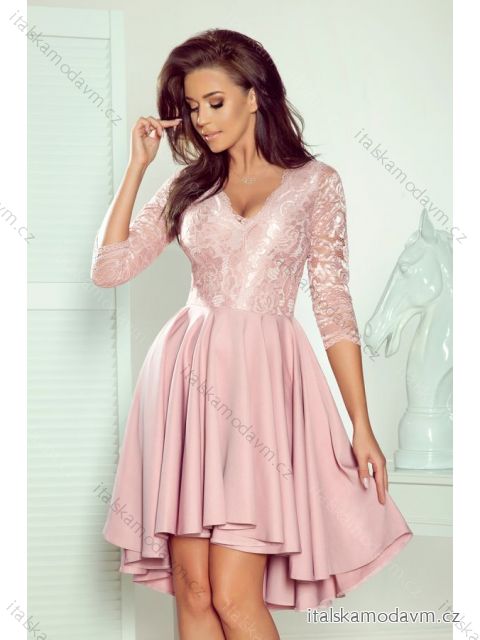 210-11 NICOLLE - dress with longer back with lace neckline - powder pink NMC-210-11/DU ružová S