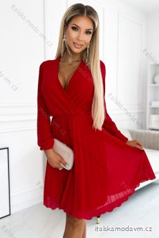 313-13 ISABELLE Skladané šaty s dlhými rukávmi a obálkovým výstrihom - červené