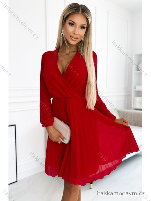 313-13 ISABELLE Skladané šaty s dlhými rukávmi a obálkovým výstrihom - červené