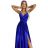 512-4 JULIET elegantné dlhé saténové šaty s výstrihom a rázporkom pri nohaviciach - kráľovská modrá