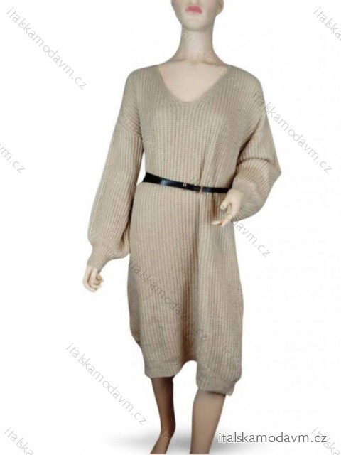 Šaty pletené s opaskom dlhý rukáv dámske (S/M ONE SIZE) TALIANSKA MÓDA IMM23M5173/DR S/M béžová