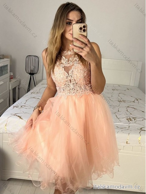 Šaty elegantné krajkové plesové krátke dámske (S/M ONE SIZE) TALIANSKA MÓDA IMM2219810/DU -   světle ružová,   S/M