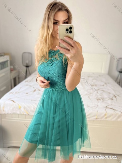 Šaty společenské krajkové na ramínka dámské (S/M ONE SIZE) ITALSKá MóDA IMC23349/DR tmavo tyrkysová S/M