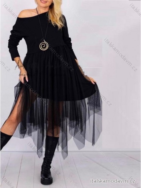 Šaty elegantný dlhý rukáv dámske nadrozmer (L/XL ONE SIZE) TALIANSKA MÓDA IMWT234284/DUR - Farba   čierna - veľkosť   L/XL