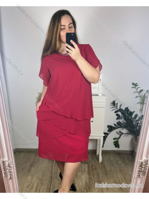 Šaty elegantní společenské 3/4 rukáv dámské nadrozměr (46-54) POLSKÁ MÓDA FMF24LEONA/DU - Barva   růžová - Velikost   46