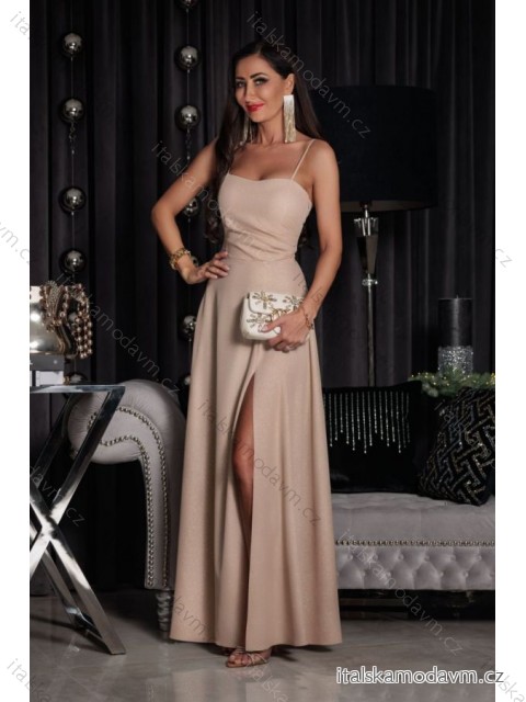 Šaty dlouhé saténové společenské na ramínka dámské (34-42) POLSKÁ MÓDA PMLEL24NATHALIE5 béžová 36