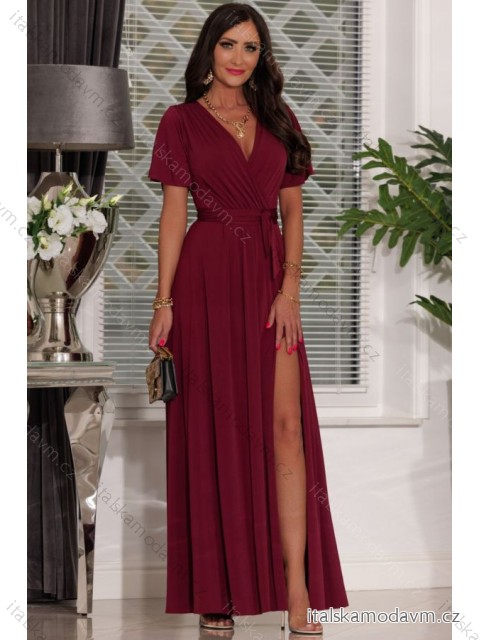 Šaty dlhé spoločenské krátky rukáv dámske (S - 2XL) POLSKÁ MÓDA PMLEL24BELLA3 vínová XXL