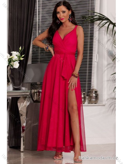 Šaty dlouhé společenské třpytivé na ramínka dámské (32-42) POLSKÁ MÓDA PMLEL24JASMIN1 červená 40