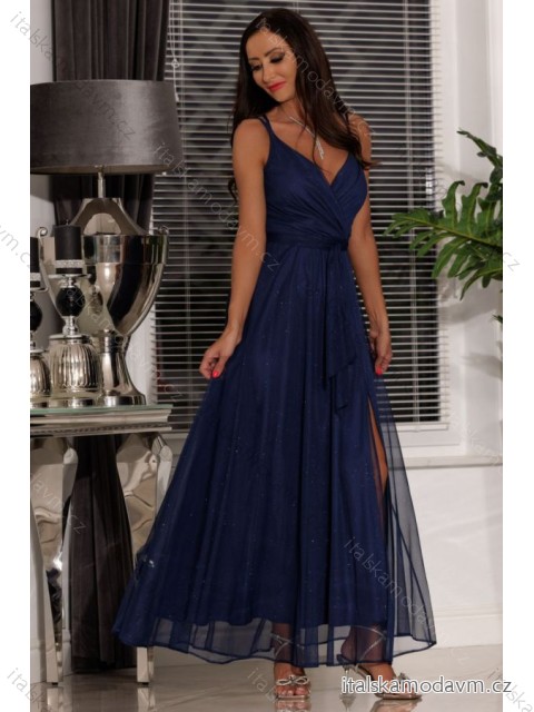Šaty dlouhé společenské třpytivé na ramínka dámské (32-42) POLSKÁ MÓDA PMLEL24JASMIN8 tmavě modrá 34