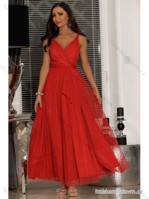 Šaty dlhé spoločenské trblietavé na ramienka dámske (34-40) POLSKÁ MÓDA PMLEL24LUNA2 červená 34
