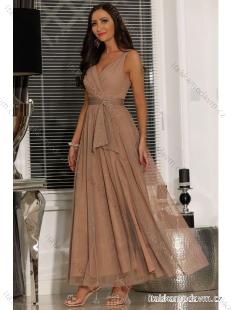 Šaty dlouhé společenské třpytivé na ramínka dámské (34-40) POLSKÁ MÓDA PMLEL24LUNA3 hnědá 34