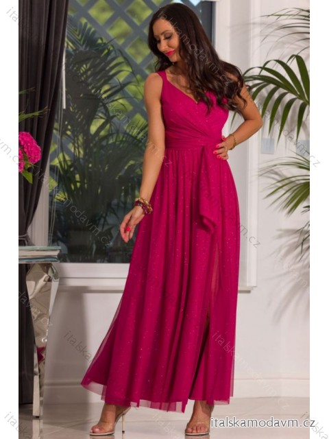 Šaty dlouhé společenské třpytivé na ramínka dámské (34-40) POLSKÁ MÓDA PMLEL24LUNA5 malinová 34