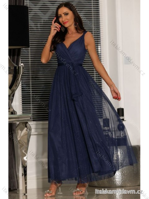 Šaty dlouhé společenské třpytivé na ramínka dámské (34-40) POLSKÁ MÓDA PMLEL24LUNA7 tmavo modrá 36