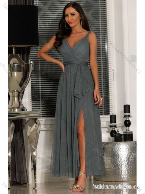 Šaty dlouhé společenské třpytivé na ramínka dámské (34-40) POLSKÁ MÓDA PMLEL24LUNA8 šedá 34