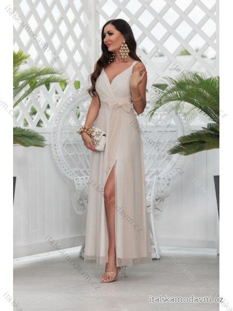 Šaty dlhé spoločenské trblietavé na ramienka dámske (34-40) POLSKÁ MÓDA PMLEL24LUNA10 svetlo béžová 38
