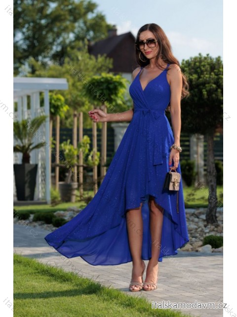 Šaty dlhé spoločenské trblietavé na ramienka dámske (34-40) POLSKÁ MÓDA PMLEL24PAULA2 modrá 38