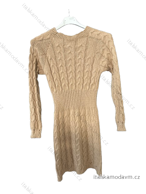 Šaty teplé pletené dlouhý rukáv dámské (S/M ONE SIZE) ITALSKÁ MÓDA IMWBL23011/DUR tm. béžová