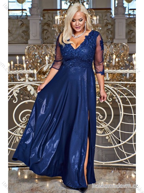 Šaty dlouhé elegantní brokátové společenské 3/4 rukáv dámské nadrozměr (36-56) POLSKÁ MÓDA PMLBF23CARMEN/DU -   tmavě modrá -   50